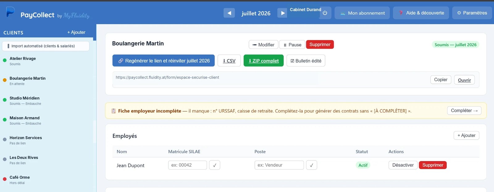 Console PayCollect du cabinet